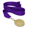 A gold podium medal with a blank center and a purple ribbon for wearing around the neck.