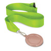 A podium medal featuring a 50mm circular medal with a blank, rose gold surface, attached to a vibrant green ribbon.