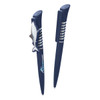 A blue plastic pen with a fish-shaped clip and a logo, featuring a sleek design and a silver grip.