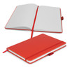 A red notebook with lined pages, featuring an elastic band closure and a bookmark ribbon. Includes a branding logo.