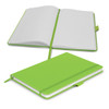 A green notebook with lined pages, featuring a flexible cover and a ribbon bookmark. It also has an elastic closure.