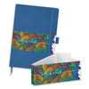 A blue notebook with a colourful patterned band and a matching envelope. It features a logo on the cover.