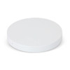 A round, white wireless charger with a smooth finish and a minimalistic design, featuring a logo.