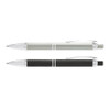 A set of two metal pens, one silver and one black, featuring textured patterns and chrome accents.