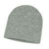 A green heather cable knit beanie with a ribbed texture and no visible branding.