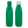 A drink bottle with a smooth green powder-coated finish and a silver metal cap, featuring a logo on the front.