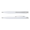 A white plastic pen with silver accents, featuring a sleek design and a clip on one side.
