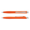 An orange plastic pen with a silver clip and tip, featuring a smooth, contoured grip.