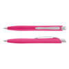A pink plastic pen with silver accents and a clip for easy attachment. It has a smooth, sleek design.