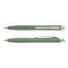 A green plastic pen with a silver trim and a clip, featuring a smooth, sleek design.