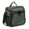 A green cooler bag with zippered compartments, a sturdy handle, and a mesh side pocket. It features a logo on the front.