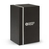A black box with a sleek design and a logo, likely packaging for a product.