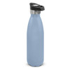 A drink bottle with a sleek light blue powder-coated finish and a push-button lid. It features a logo.