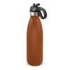 A drink bottle featuring a brown powder-coated finish and a flip lid, with a black handle and a silver band.