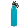 A drink bottle in a vibrant turquoise finish with a black flip lid and handle, featuring a stainless steel accent.