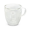 A double wall glass cup with a transparent design and a handle. It features a logo on the front.