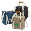 Three canvas cooler bags in navy blue, black, and beige, each with shoulder straps and branding.