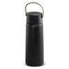 A drink bottle in black with a green handle, featuring a built-in Bluetooth speaker. It has a simple, sleek design.