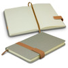 A grey notebook with a brown strap, featuring lined pages and an elegant design. It has an open and closed view.