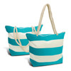 A teal and white striped tote bag with a rope handle, featuring two bags in the image.