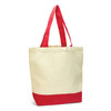 A canvas tote bag in cream with a red bottom and red handles, featuring a logo.