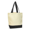 A tote bag in cream and black, featuring dual handles and a simple design with a logo.