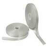 Two rolls of light grey personalised ribbon, each wound neatly on a spool, one partially unspooled.