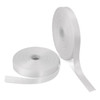 Two rolls of 25mm personalised ribbon in a glossy white finish, one slightly unraveled. Each roll has a plain design.