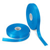 Two rolls of vibrant blue personalised ribbon, showcasing a smooth, glossy finish. One roll partially unspooled.