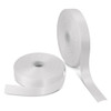Two rolls of white personalised ribbon, each with a smooth finish and varying widths. One roll has been partially unspooled.