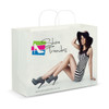 A white extra large paper carry bag featuring a model in a striped dress and high heels, with a logo on one side.