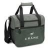 A green cooler bag with a textured exterior, featuring a mesh side pocket and a logo.