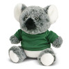 A plush koala toy in grey and white, wearing a green shirt, with round eyes and soft fur. It features a branding logo.