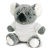 A grey koala plush toy with white accents, wearing a plain white shirt. It has large eyes and a friendly expression.