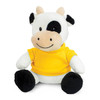 A plush cow toy with a black and white design, wearing a bright yellow shirt, featuring a smiling face.
