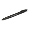 A black metal pen with a sleek design and a logo on the side, positioned at a slight angle.