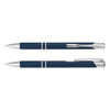 A navy blue metal pen with silver accents, featuring a logo and a sleek, professional design.