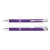 A purple metal pen with silver accents, featuring a sleek design and a branded logo.