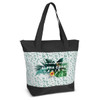 A large tote bag featuring a vibrant leaf pattern with a black base and an emblem on the front.