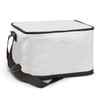 A large, white cooler bag with a black base and a shoulder strap, featuring a zip closure and a branding logo.