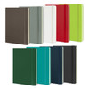 A collection of Moleskine Classic Hard Cover Notebooks in various colours, including green, blue, grey, red, and white.