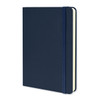 A medium-sized, classic hard cover notebook in navy blue, featuring an elastic closure and a cream inner side.