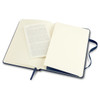 A navy hard cover medium notebook with blank pages and a ribbon bookmark, open to reveal an inner page.