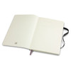 A large, soft-cover notebook in white with a black ribbon bookmark and an interior featuring blank pages. It has a logo.