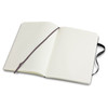 A large, soft cover Moleskine notebook with lined pages and a ribbon bookmark, featuring a black exterior.