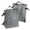 A grey tote backpack with dual handles and adjustable straps. Features a branding logo on the front.