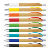 A collection of metal pens with bamboo bodies, featuring various colours for the grips and clips. Each pen has a logo.