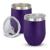 A drink bottle with a powder-coated purple exterior and a stainless steel top, featuring a clear lid.