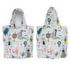 A kids hooded towel featuring playful animal and nature designs in pastel colours. It includes a logo.