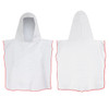 A hooded towel in white with red trim, featuring a large hood and a simple, unembellished design.